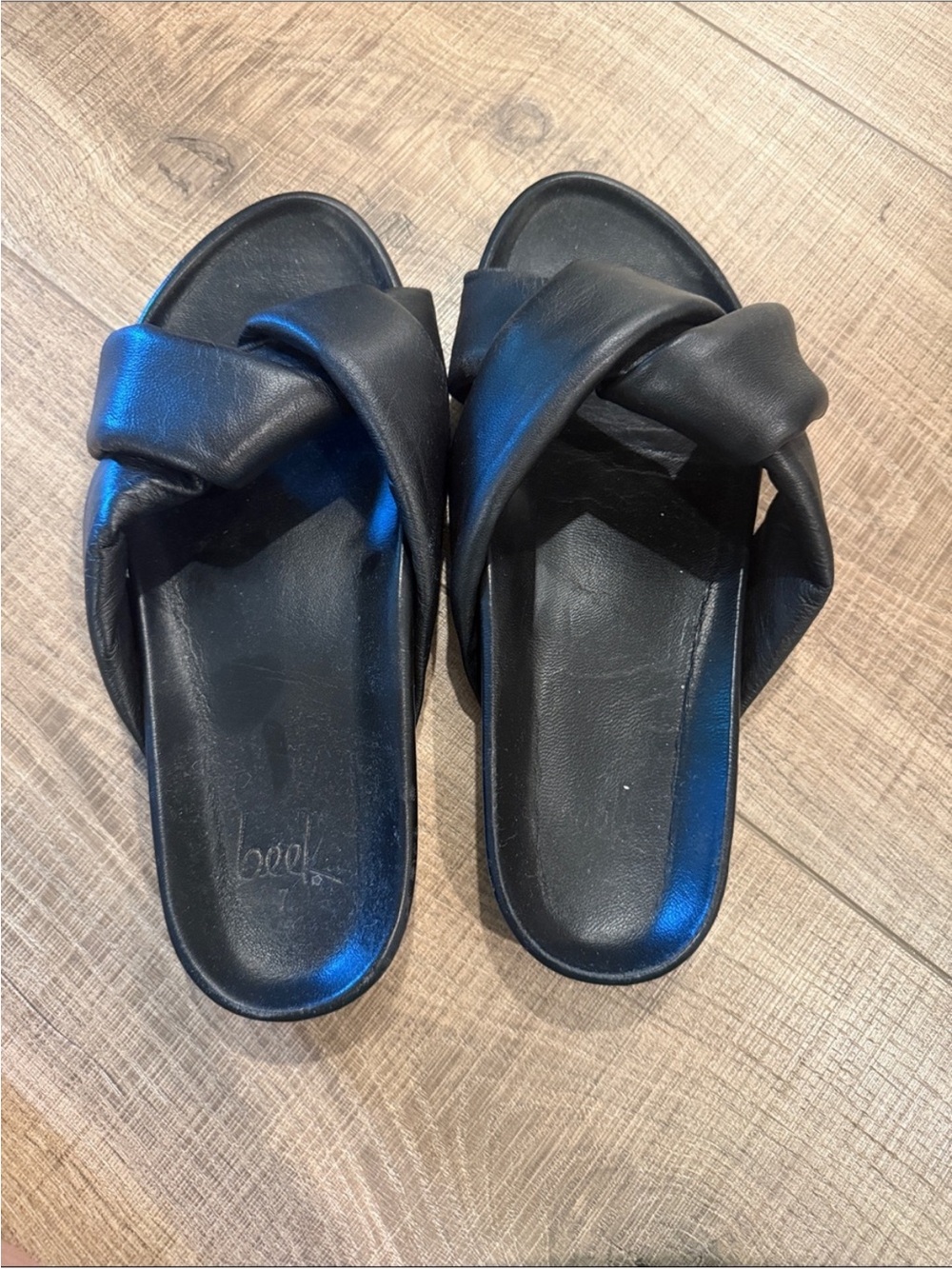 “beek,” Black Leather Knotted Slide Sandals for Women 7
